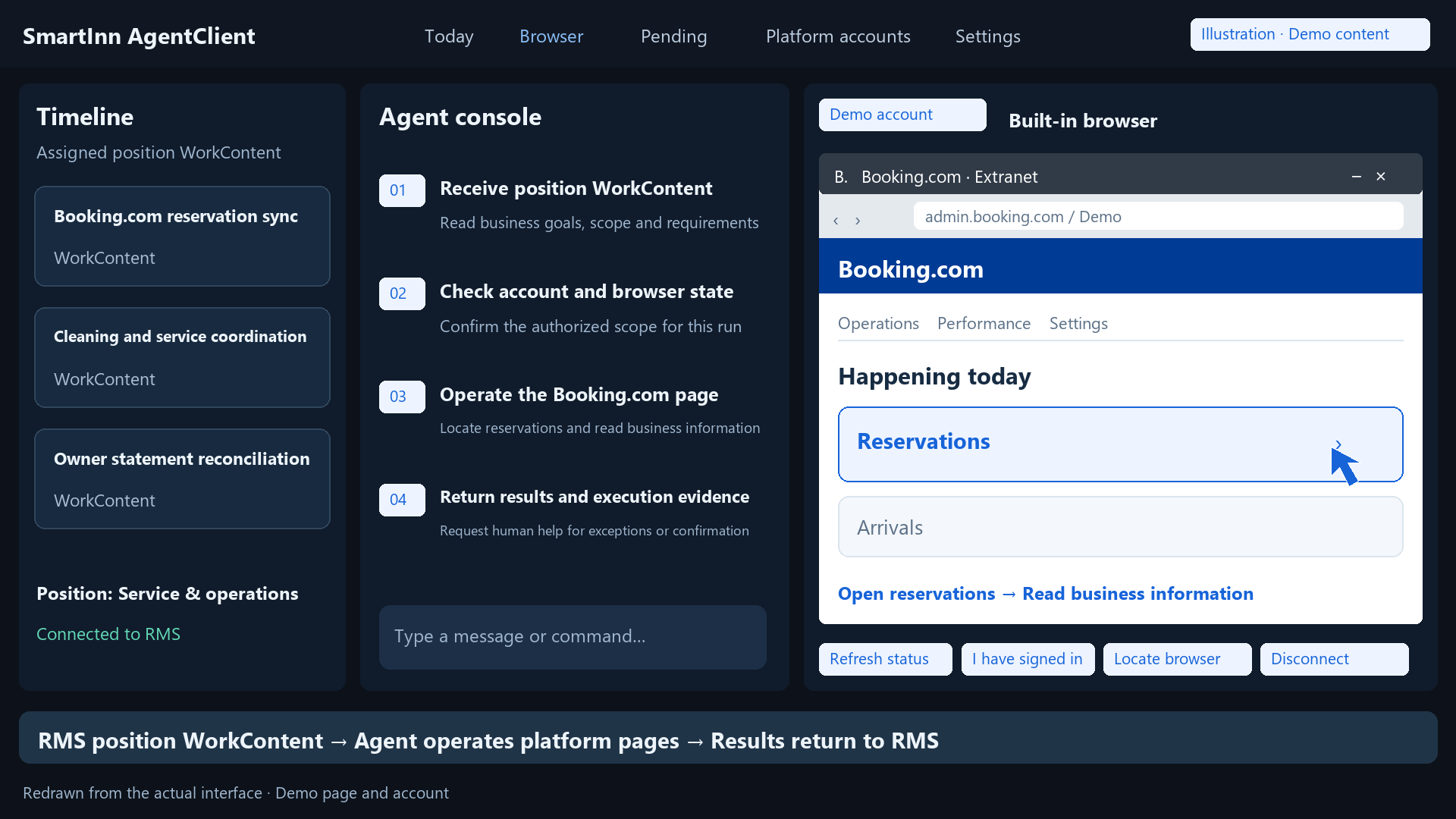 Dark AgentClient interface showing a work timeline, agent console and embedded platform browser